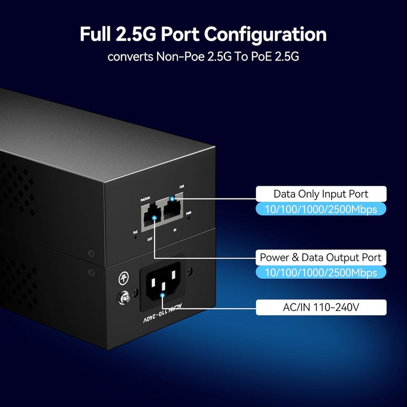 AUMOX PRO 2.5G PoE++ Injector 90W | Convert Non-PoE to PoE Adapter 10/100/1000/2500Mbps | 802.3af/at Compliant | Plug & Play | 100m (328ft) Range (2.5G 90W) - Image 3